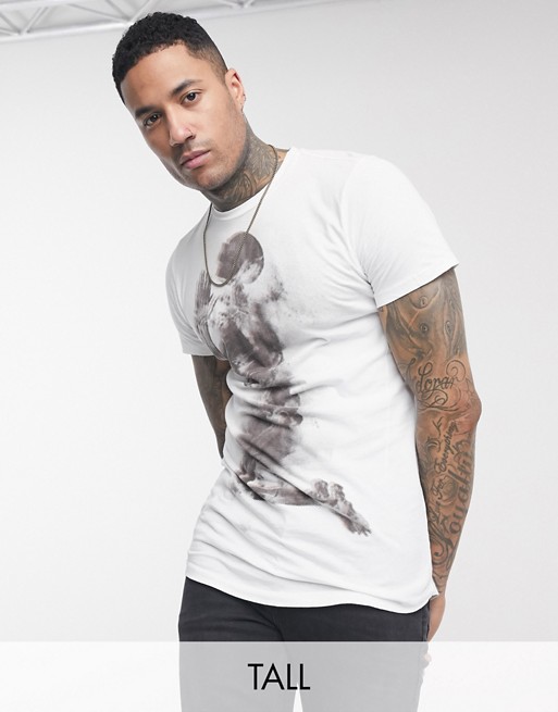 Religion Tall longline curved hem t-shirt with praying skeleton in white