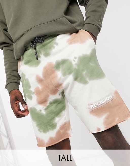 Religion Tall rubberised logo jersey shorts in all over tie dye
