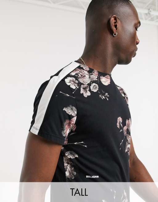 Religion Tall - T-shirt bedekt met bloemenprint en zijstreep detail in zwart 