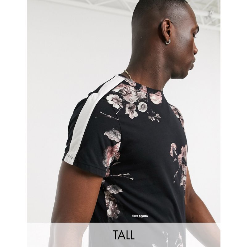 Uomo Designer Religion Tall - T-shirt nera con stampa a fiori e riga laterale 