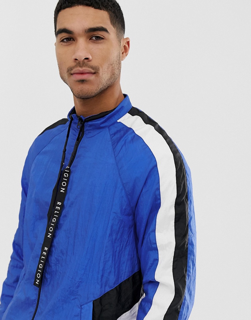 Religion track jacket with cut and sew panels-Blue