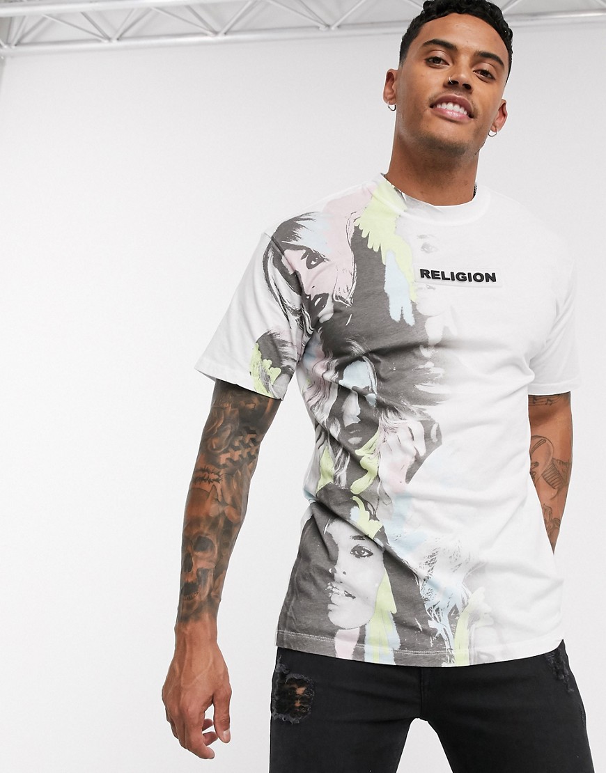 Religion – Vit t-shirt med logga och blekt grafik