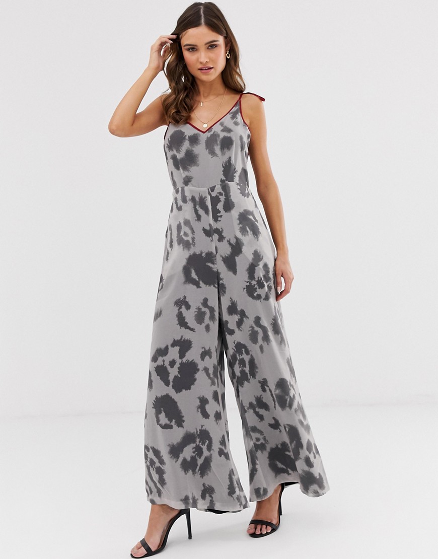Religion wide leg jumpsuit with contrast trim in leopard-Grey