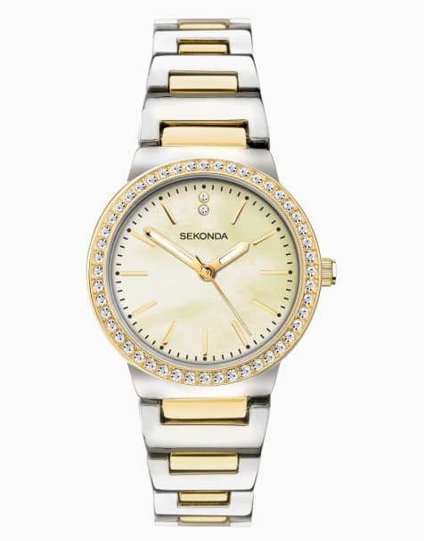Reloj analógico en dos tonos para mujer con caja redonda de 28 mm y esfera dorada de aleación Amelia de Sekonda - view 1