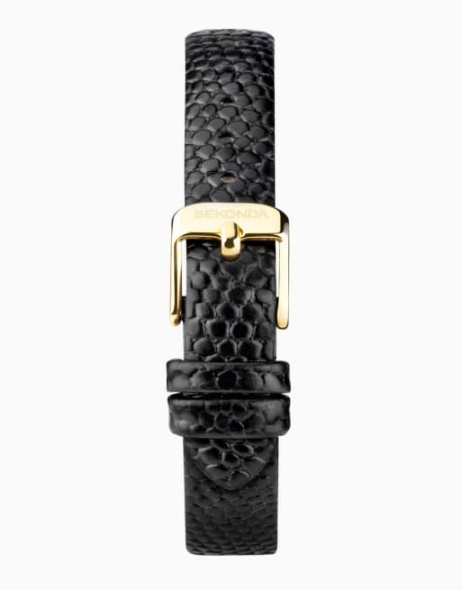 Reloj analógico para mujer con caja rectangular dorada de 20 mm de aleación, esfera blanca y correa negra de cuero Monica de Sekonda, 2 de 3