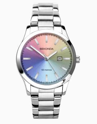 Reloj analógico plateado para mujer con caja redonda de 34 mm de aleación, esfera multicolor y pulsera de acero inoxidable Taylor de Sekonda