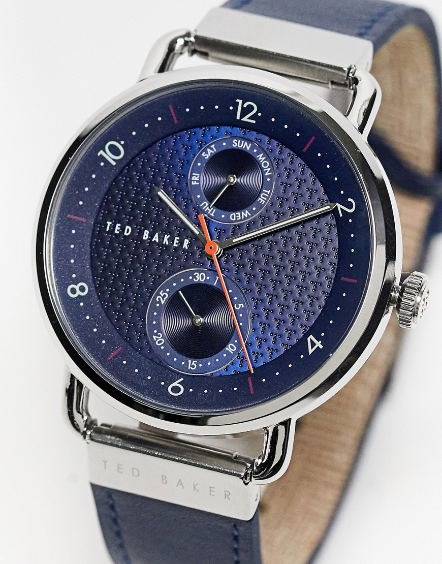 reloj azul marino y plateado con correa de cuero brixam de ted baker