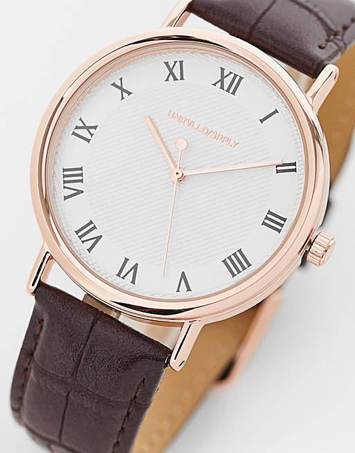 Hombre Other | Reloj clásico con detalles dorado rosa y correa marrón de cuero sintético de ASOS DESIGN - BA05041