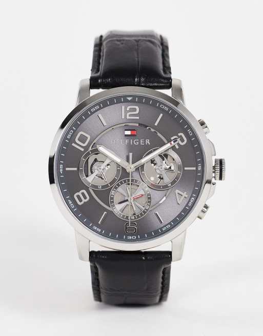 Reloj con esfera multicolor y correa negra efecto cocodrilo de cuero de Tommy Hilfiger