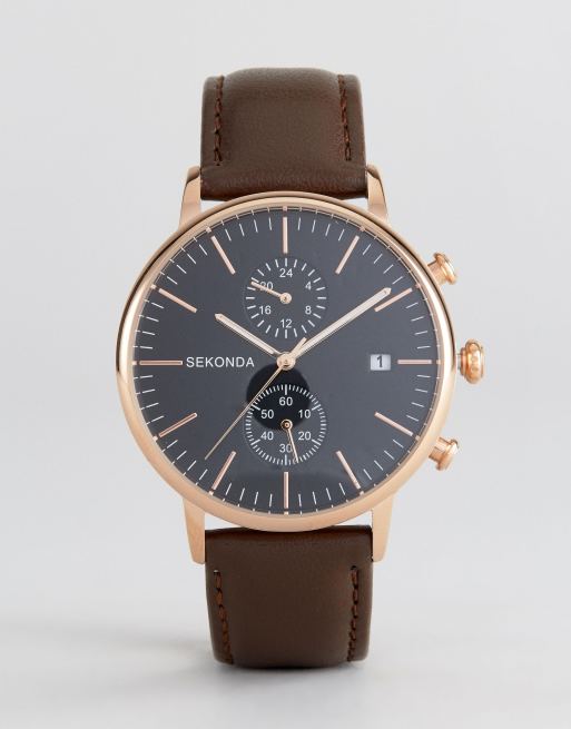 Reloj de cuero en marrón/dorado rosa con cronómetro de Sekonda
