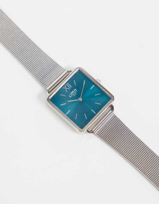 Reloj de malla plateado con esfera cuadrada verde de Limit, 4 de 4