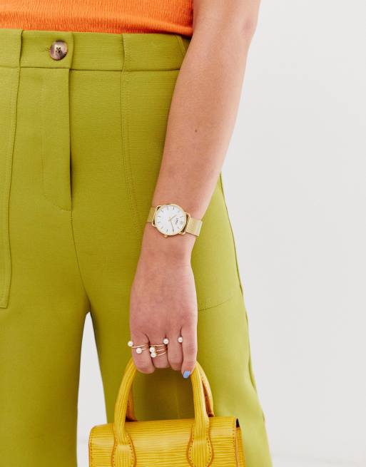 Reloj de pulsera de malla dorado clásico con esfera blanco perla de acero inoxidable de Limit, 3 de 4