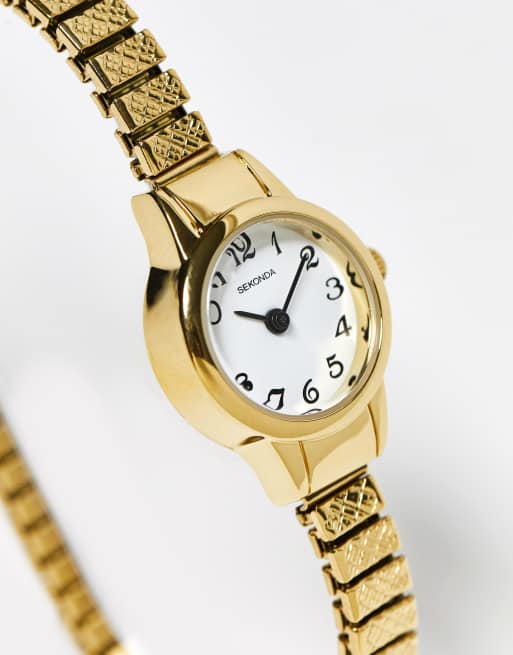 Reloj de pulsera dorado ajustable para mujer con esfera blanca de