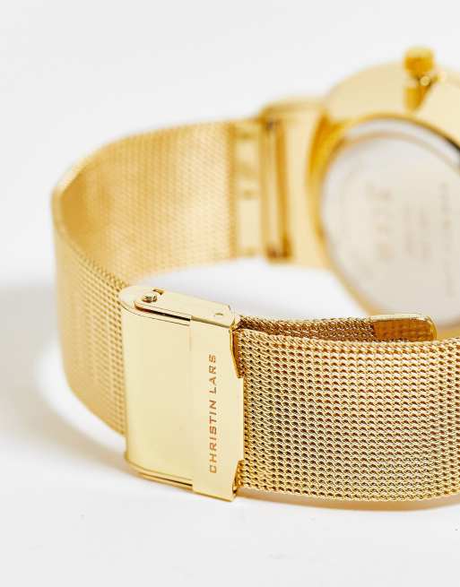 Reloj de pulsera dorado con correa ajustable de malla de acero inoxidable de Christin Lars, 3 de 4