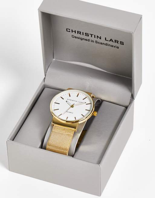 Reloj de pulsera dorado con correa ajustable de malla de acero inoxidable de Christin Lars, 4 de 4