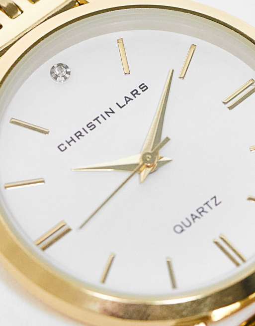 Reloj de pulsera dorado con correa de eslabones estrechos de Christin Lars, 3 de 4