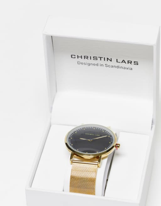 Reloj de pulsera dorado con esfera negra de correa de malla de Christin Lars, 4 de 4