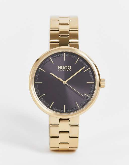 Reloj de pulsera dorado para mujer con esfera negra 1540102 de HUGO