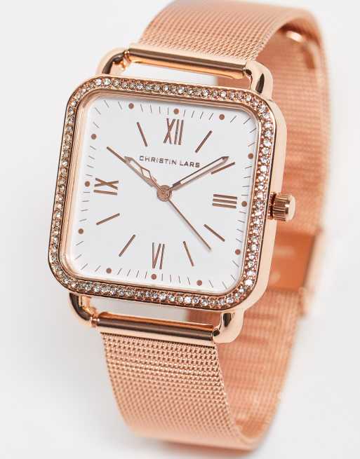Reloj de pulsera dorado rosa con correa de malla y esfera cuadrada de Christin Lars