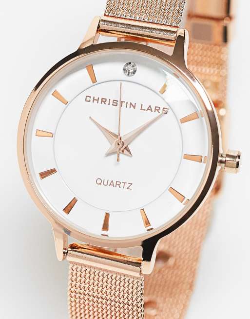 Reloj de pulsera dorado rosa minimalista con esfera blanca de Christin Lars
