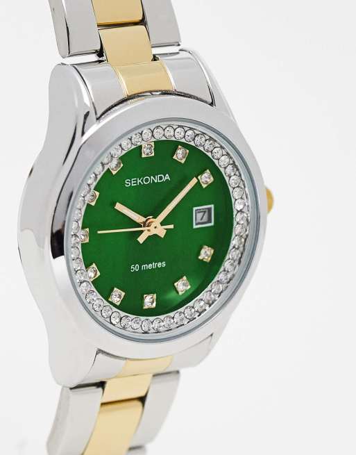 Reloj de pulsera en tonos metalizados variados plateados y dorados con esfera verde de Sekonda