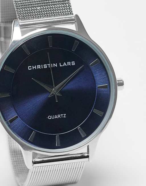 Reloj de pulsera plateada con esfera azul y correa de malla de acero inoxidable de Christin Lars