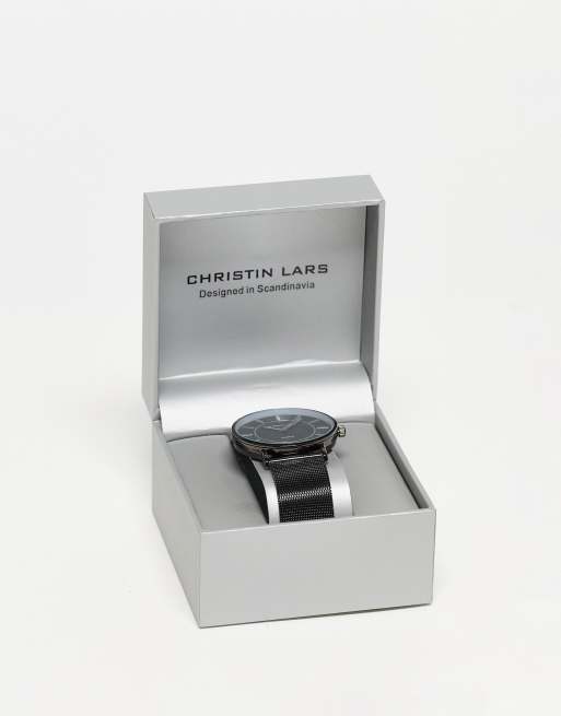 Reloj de pulsera plateado con correa de malla de acero inoxidable de Christin Lars, 4 de 4