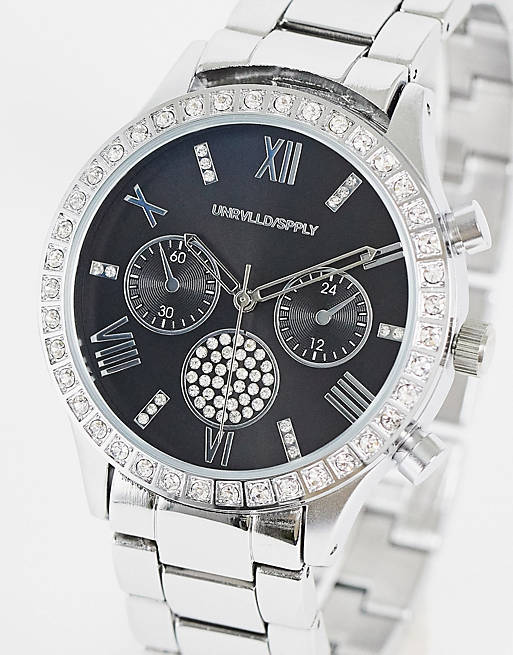 Hombre Other | Reloj de pulsera plateado con esfera negra y detalle de cristales de ASOS DESIGN - XV07226