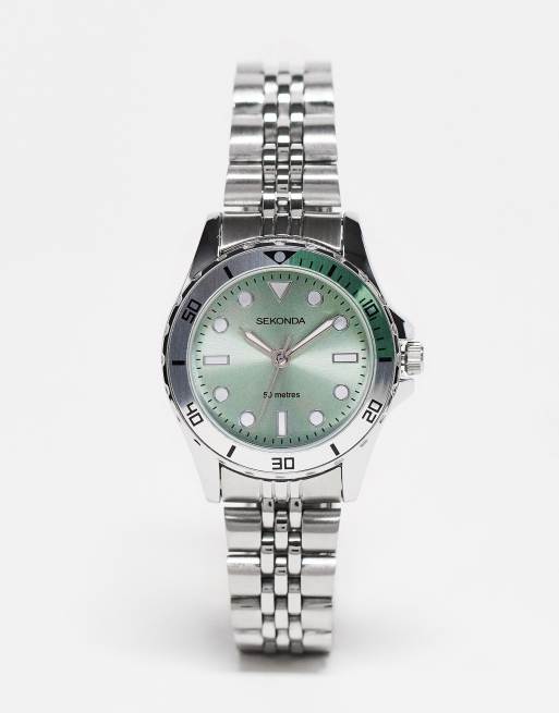 Reloj de pulsera plateado con esfera verde de Sekonda