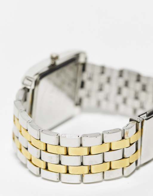 Reloj de pulsera plateado y dorado con esfera cuadrada y correa de eslabones de Bellfield, 2 de 4