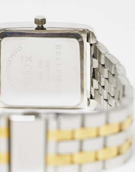 Reloj de pulsera plateado y dorado con esfera cuadrada y correa de eslabones de Bellfield, 4 de 4