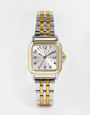 Reloj de pulsera plateado y dorado con esfera cuadrada y correa fina de eslabones de Bellfield