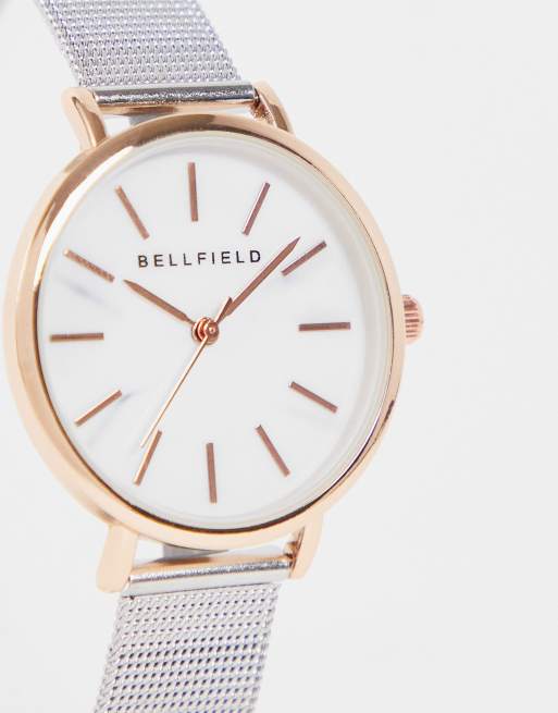 Reloj de pulsera plateado y dorado rosa clásico de malla de Bellfield