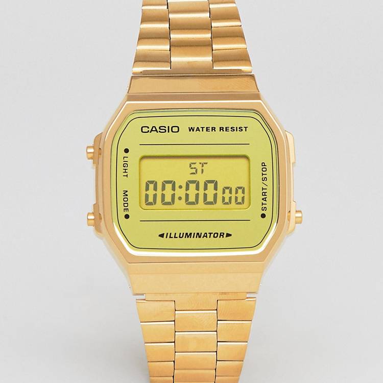 Presa fin de semana pompa Reloj digital de pulsera en dorado de efecto espejo A168W de Casio | ASOS
