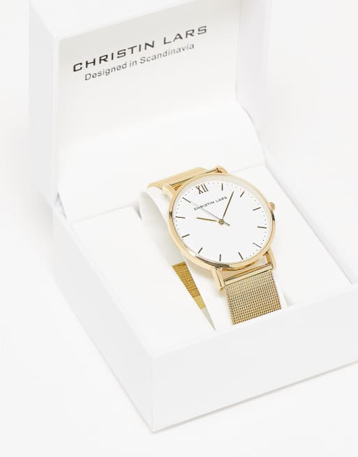 Reloj dorado con esfera redonda y correa ajustable de malla de Christin Lars, 2 de 4