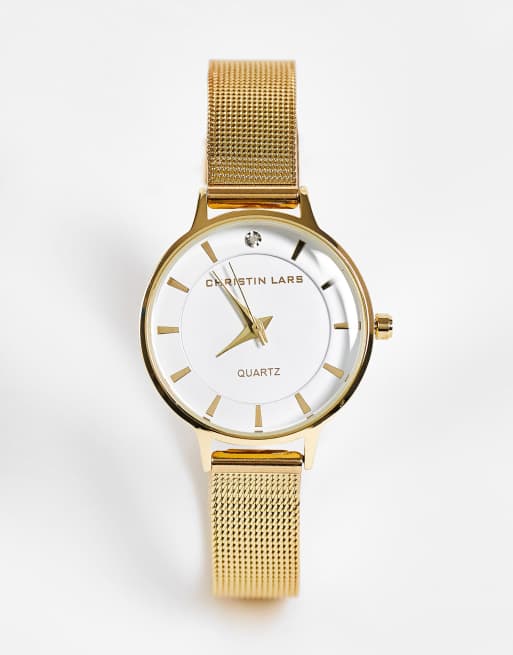 Reloj dorado para mujer con correa estrecha de malla de acero inoxidable de Christin Lars
