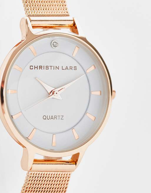 Reloj dorado rosa de pulsera de malla estrecha de acero inoxidable para mujer de Christian Lars