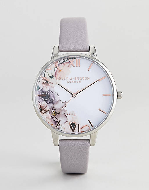 Reloj en lila grisáceo de cuero con diseño floral de acuarela OB16PP32 de Olivia Burton