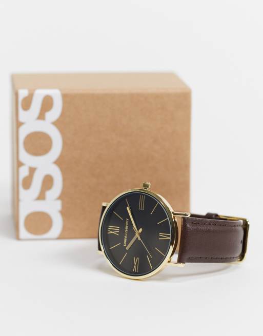 Reloj marrón clásico con detalles dorados y correa de cuero de ASOS DESIGN, 4 de 4