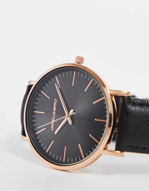 Reloj negro clásico con detalles dorado rosa de cuero de ASOS DESIGN, 3 de 4