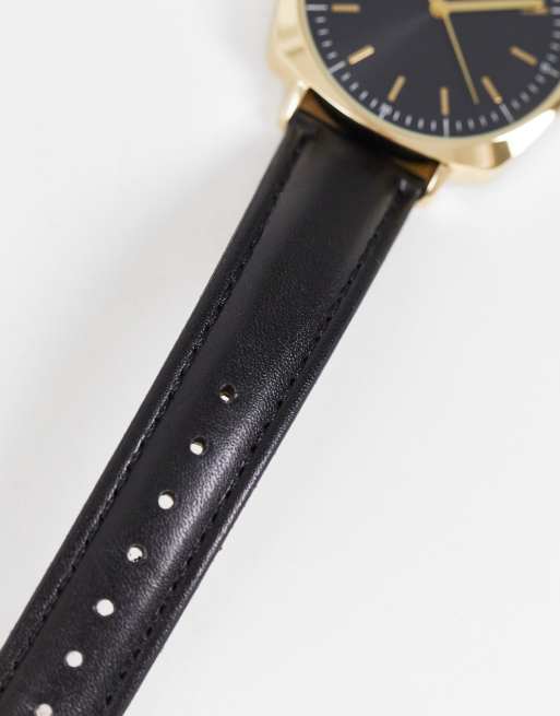 Reloj negro con esfera rectangular, detalles dorados y correa de cuero sintético de ASOS DESIGN, 4 de 4