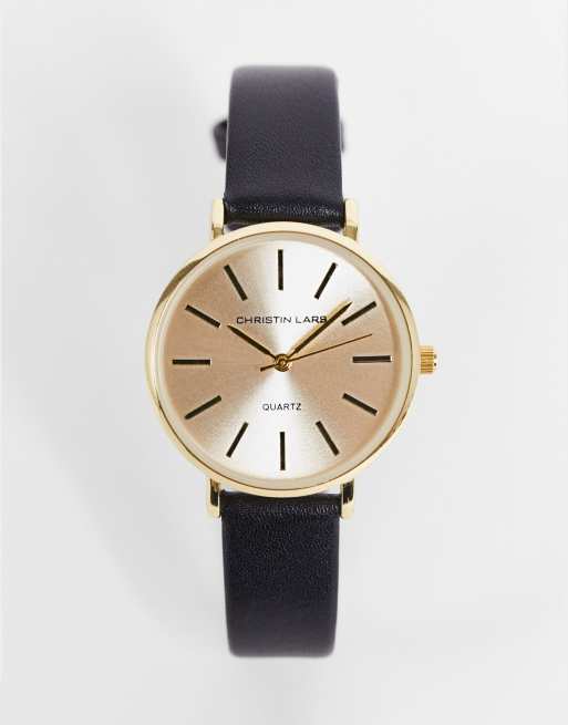 Reloj negro para mujer con esfera dorada y correa estrecha de cuero de Christin Lars
