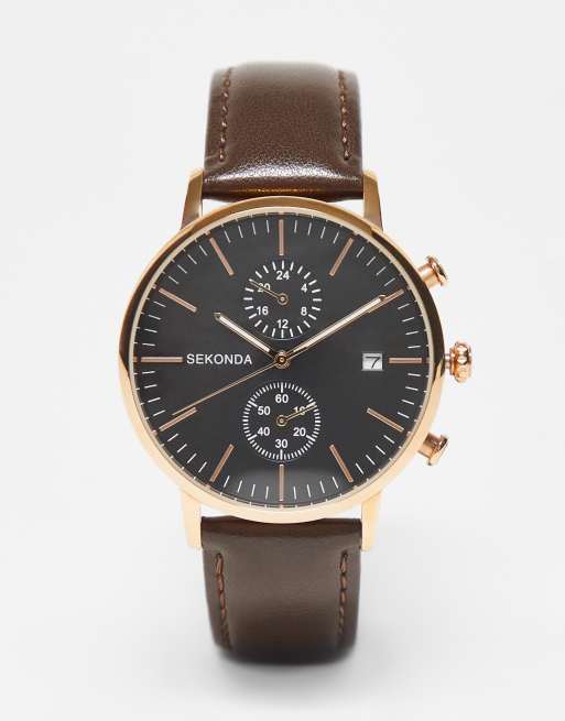 Reloj negro y dorado rosa con esfera con varios marcadores y correa de cuero de Sekonda