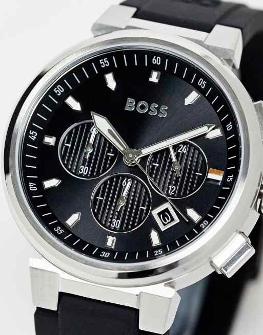 Reloj negro y plateado de silicona con esfera negra para hombre de BOSS