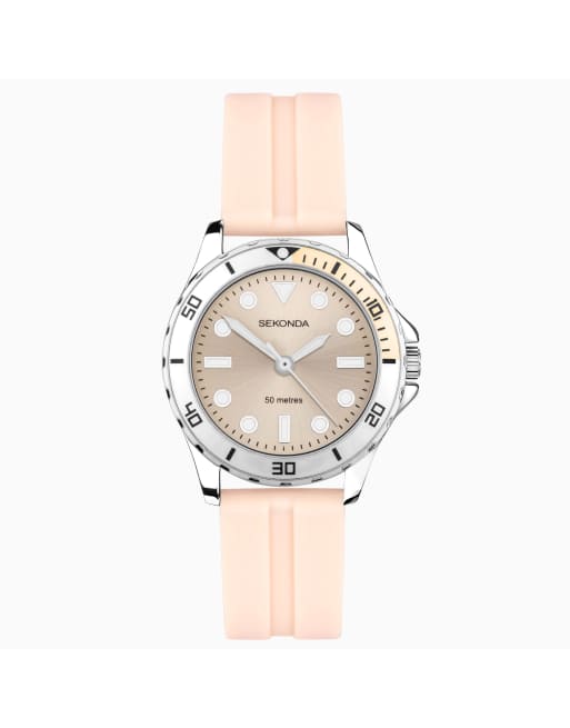 Reloj para mujer con esfera color melocotón de 35 mm y correa de goma Balearic de Sekonda
