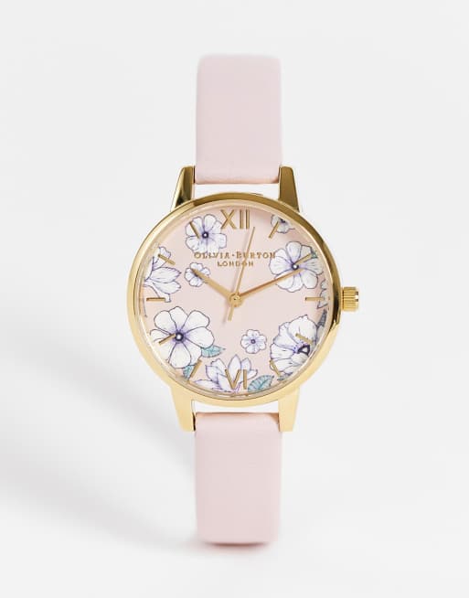 Reloj rosa y dorado con diseño floral en la esfera de Olivia Burton