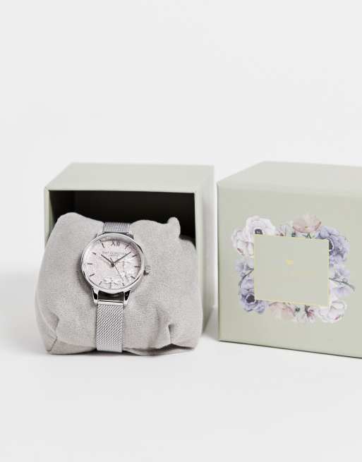 Reloj rosa y plateado con esfera con purpurina y correa de malla de Olivia Burton, 2 de 4