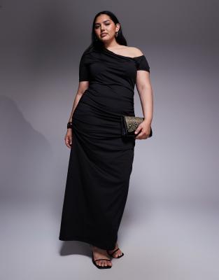 Renée Studio - Doppellagiges, formendes, figurbetontes Maxikleid in Schwarz mit gerafftem, drapiertem Detail und asymmet...
