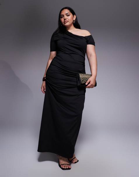 Renee Studio double sculpted slinky asymmetric shoulder ruched drape detail maxi dress in black - view 1