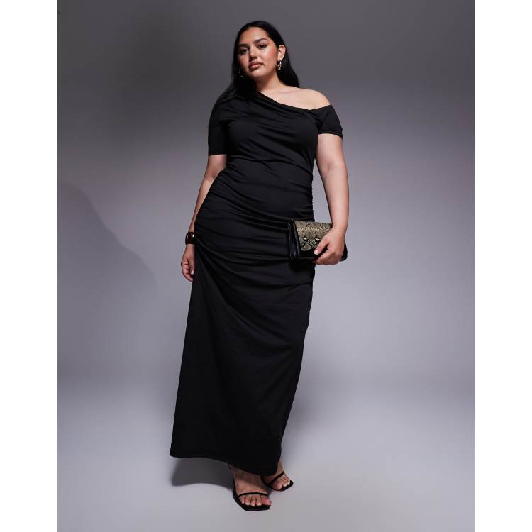Renee Studio double sculpted slinky asymmetric shoulder ruched drape detail maxi  dress in black | ASOS